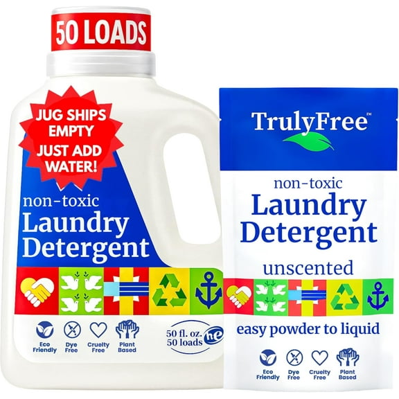 Truly Free Refillable Non-Toxic Unscented Laundry Detergent (1-Pack); Sensitive Skin; No Harmful Ingredients; Empty Jug 1 Refill Makes 50 loads