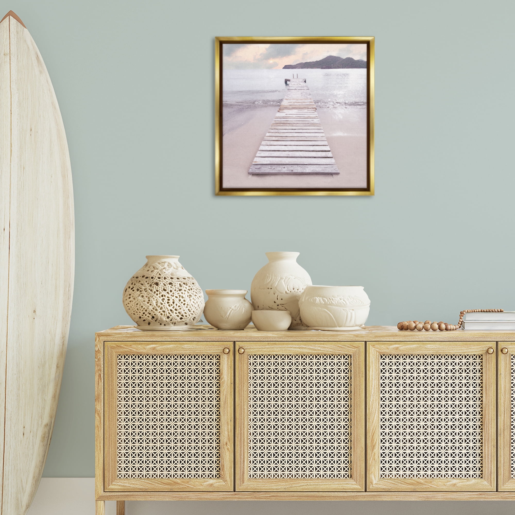 Stupell Industries Zen Beach Dock Landscape Painting Gold Floater Framed Canvas Art Print Wall Art, 25 x 25