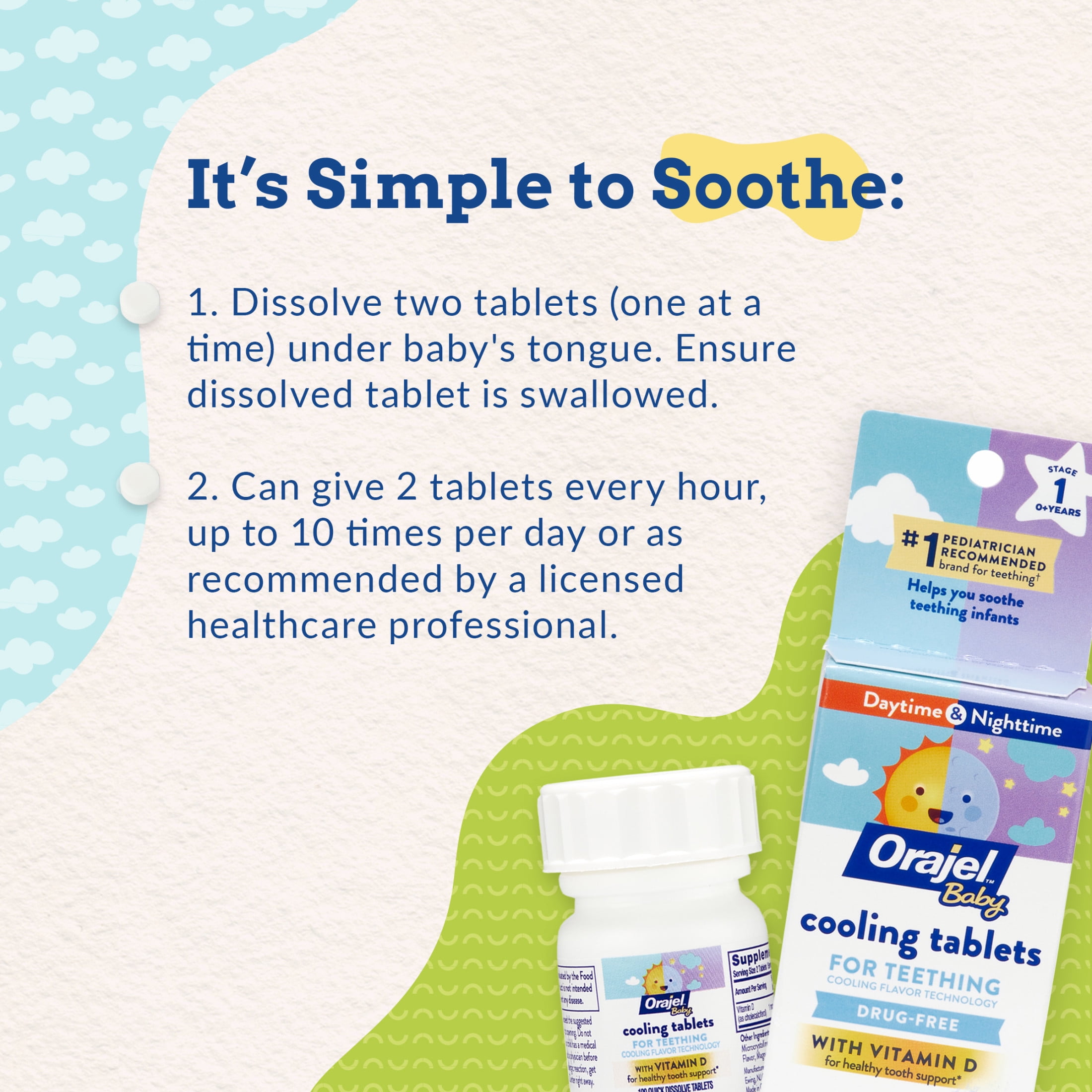 Orajel Baby Cooling Tablets for Teething with Vitamin D, Relief for Painful Swollen Gums, 150 Quick Dissolve Tablets