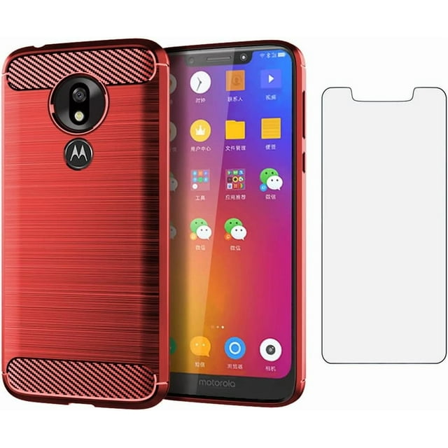 Phone Case for Motorola Moto G7 Play Optimo with Tempered Glass Screen Protector Cover Slim Rubber Protective Cell Accessories 7th Gen Generation Motog7play Motorcycle G7play G7optimo 2019 Cases Red