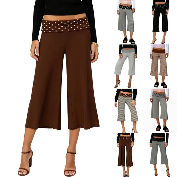 Foldover Waist Culottes for Women Low Rise Cropped Wide Leg Summer Casual Lounge Yoga Capri Pants Brown L