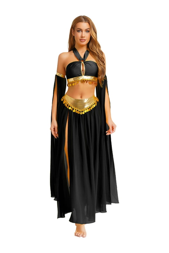 Womens Belly Dance Performance Dress Halter Sequins Crop Top with Side Slit Chiffon Skirt Black L