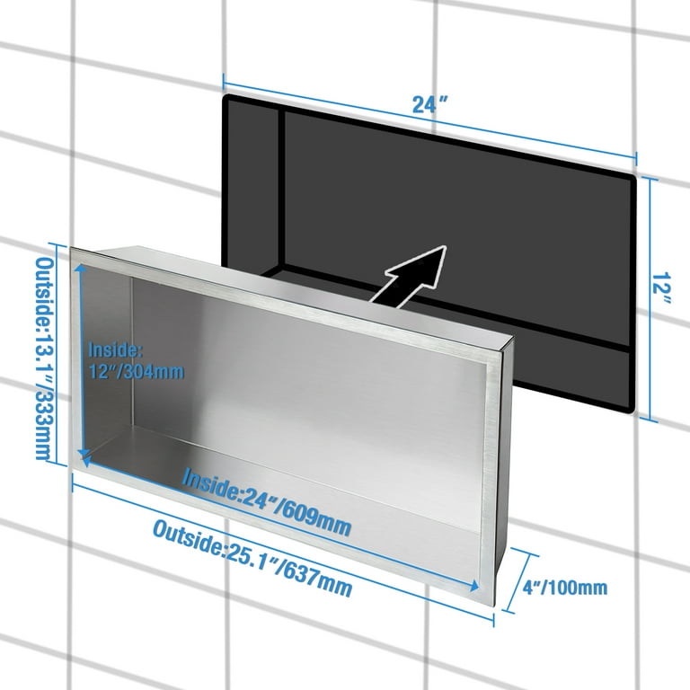 Neodrain No Tile Shower Niche, Stainless Steel Wall NICHE 13.1 inchx 25.1 Inch(Inner Size 12 inchx24 inch), Two-Tier Bathroom Shelf, No Tile Needed