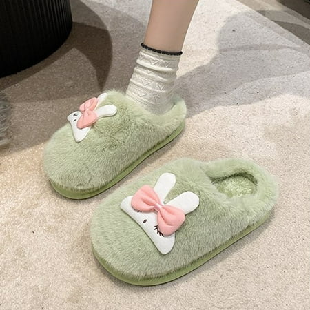 

Lilgiuy Animal Slippers for Women New Winter Cartoon Cute Rabbit Solid Color Plush Shoes Home Anti slip Keep Warm Cotton Sandals(Green)
