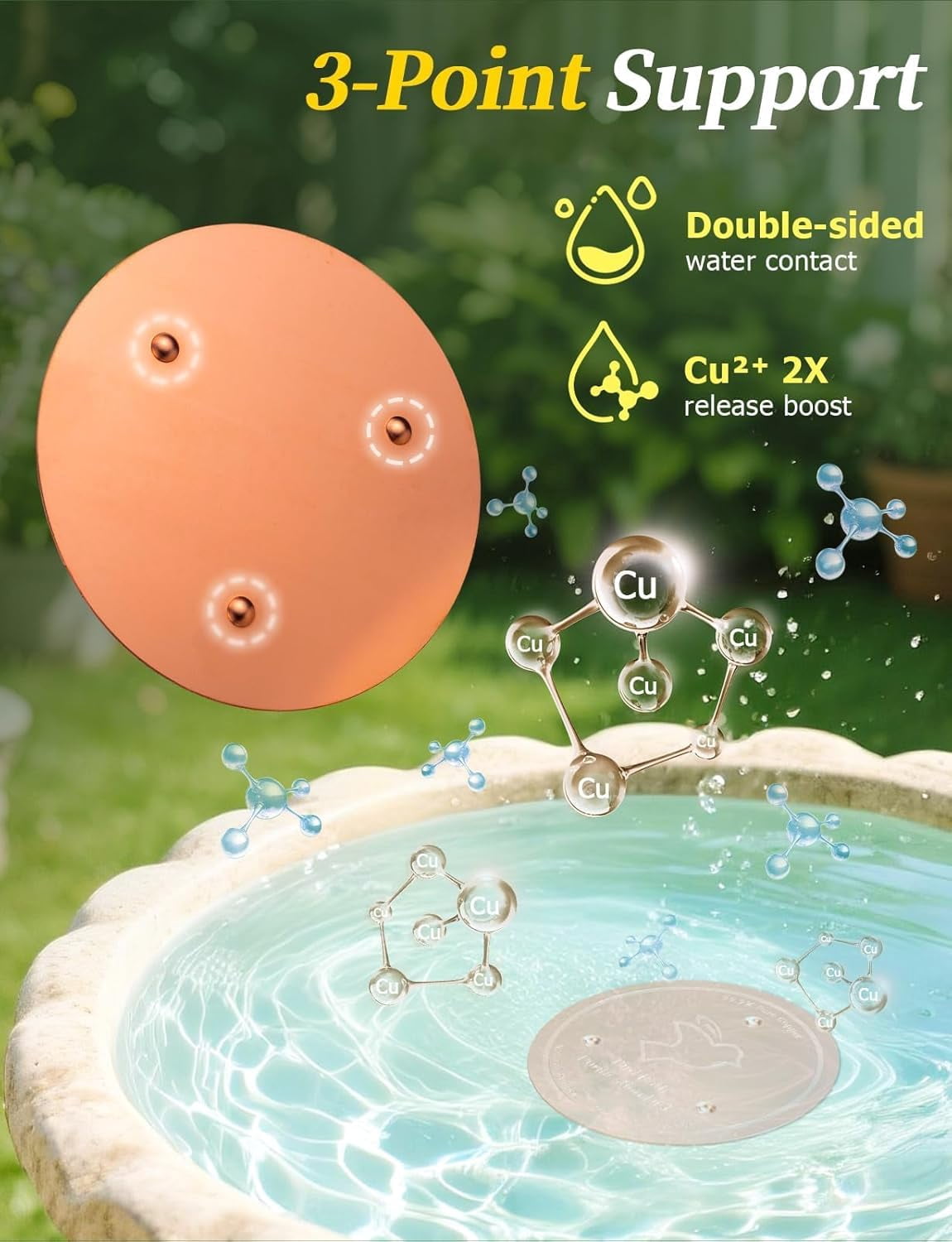 Bird Bath Copper Disk, 0.6mm Reinforced 99.99% Pure Copper Cleaning Disk with Triple-Point Support for Physical Safe Clean Water All-Season, Universal Fit for Outdoor Birdbaths, Bowl, Bird Bath Solar