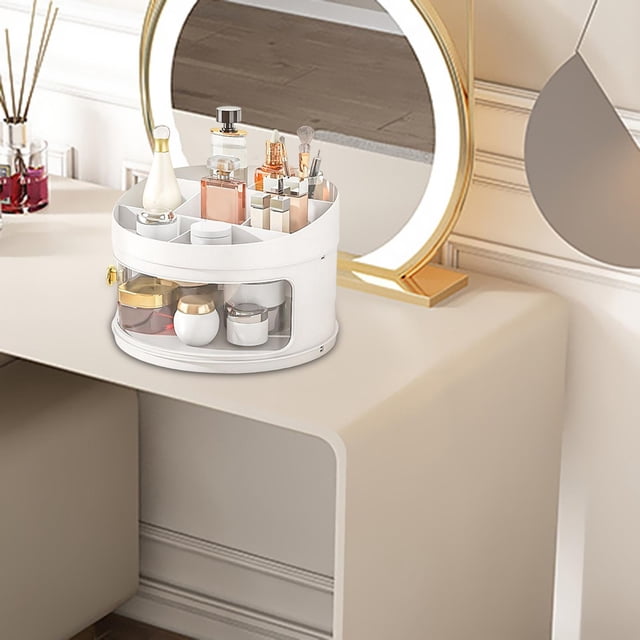 Caja organizadora de maquillaje a prueba de polvo Shamjiam Caja de almacenamiento de escritorio Visible Apertura grande Pequeño y Blanco