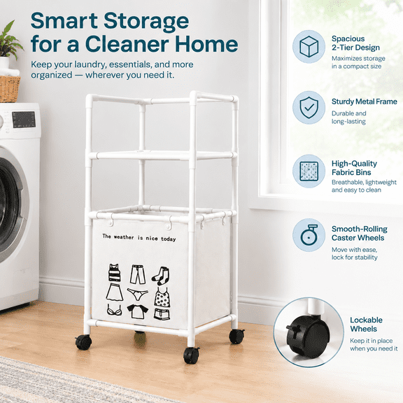 YangXin 2‑Tier Rolling Utility Cart with Table Top, Space‑Saving Storage Trolley, Bathroom Cart & Bathroom Storage Cart for Kitchen, Laundry & Living Room