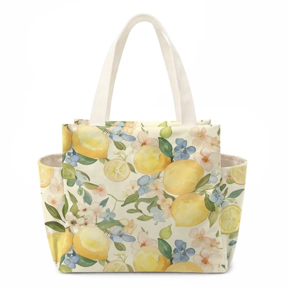 chaqlin Lemon Flower Print Insulated Lunch Bag Women Reusable Cooler Lunch Bag for Work Picnic Travel Leakproof Lightweight Tote Bag with Handle