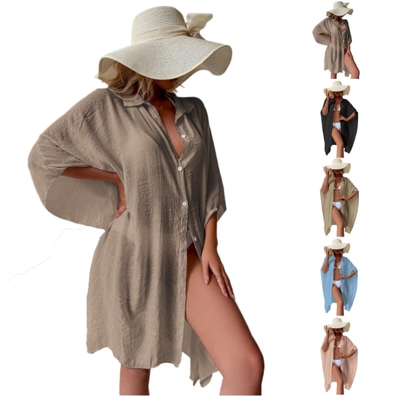 Minjewel Women's Cotton Beach Cover Up Shirt, Long Sleeve Sun Protection Bikini Cover Up & Swimsuit Outerwear for Vacation, Swimsuits for Women,Khaki One Size