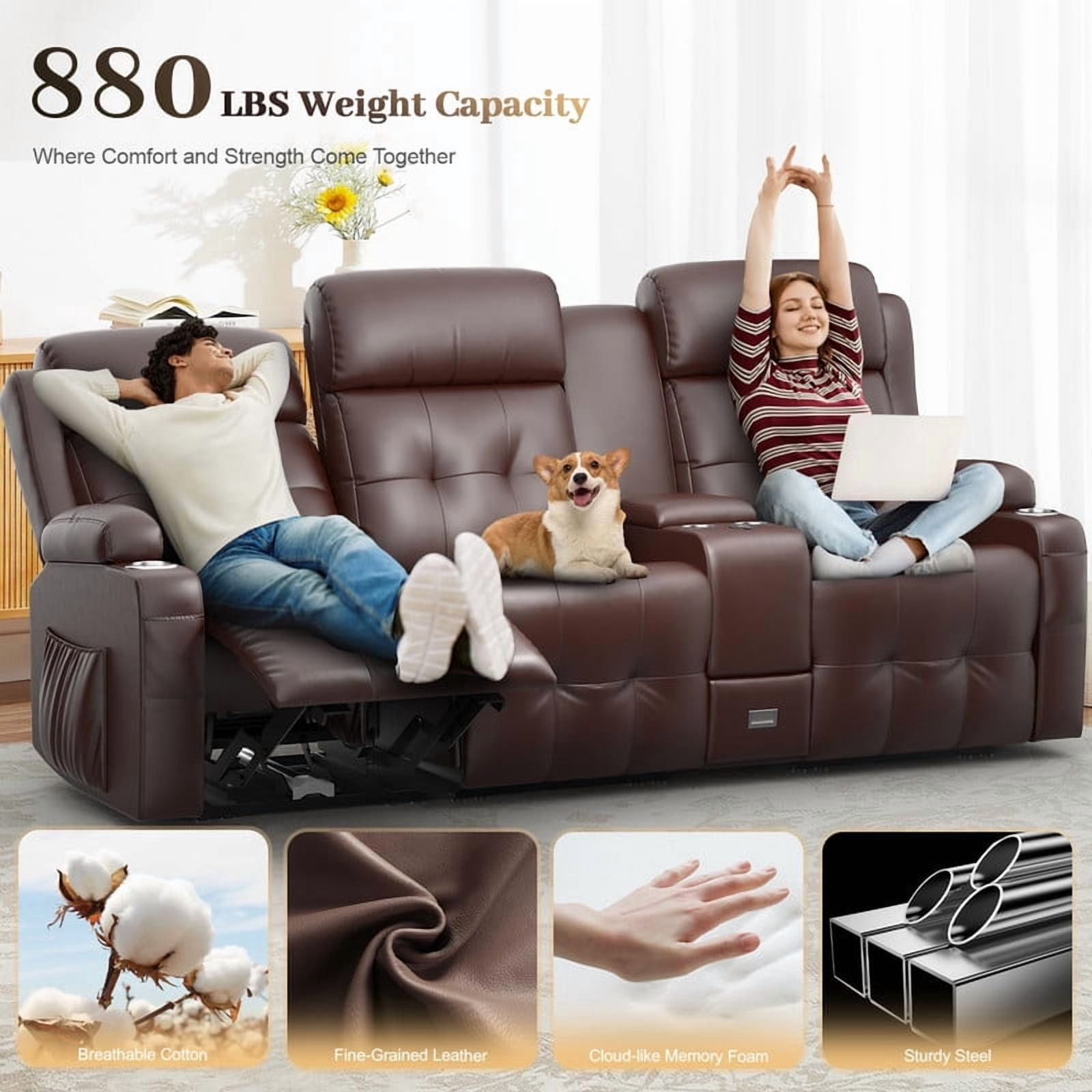 LOBERFVE Loveseat, 3 Seater Manual Recliner with Cup Holders, USB and Type-C Port, Faux Leather Recliner Chair with Massage Function for Living Room Furniture, Brown