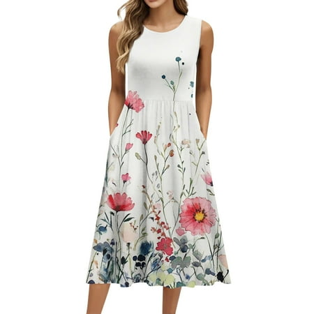 Biziza Casual Dresses for Women Sleeveless White Floral Vintage Long 2025 Causal Elegant Dresses Round Neck Lightweight Cotton Stretch Polyester Corset Dress with Pockets