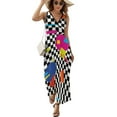 thumbnail image 2 of Retro Classic 1980s Shapes On Black And White Check Womens Night Club Maxi Dress V Neck Sleeveless Bohemia Long Dresses, 2 of 9