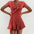 thumbnail image 2 of Pompotops Mode Femmes Mousseline Volant Manches Courtes Imprimé Bandage Casual V-Neck Robe, 2 of 8