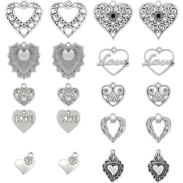 1 caja de 80 dijes de corazón de plata tibetana de estilo tibetano para San Valentín, dijes sagrados de amor, colgantes huecos de filigrana con alas de ángel para hacer joyas.