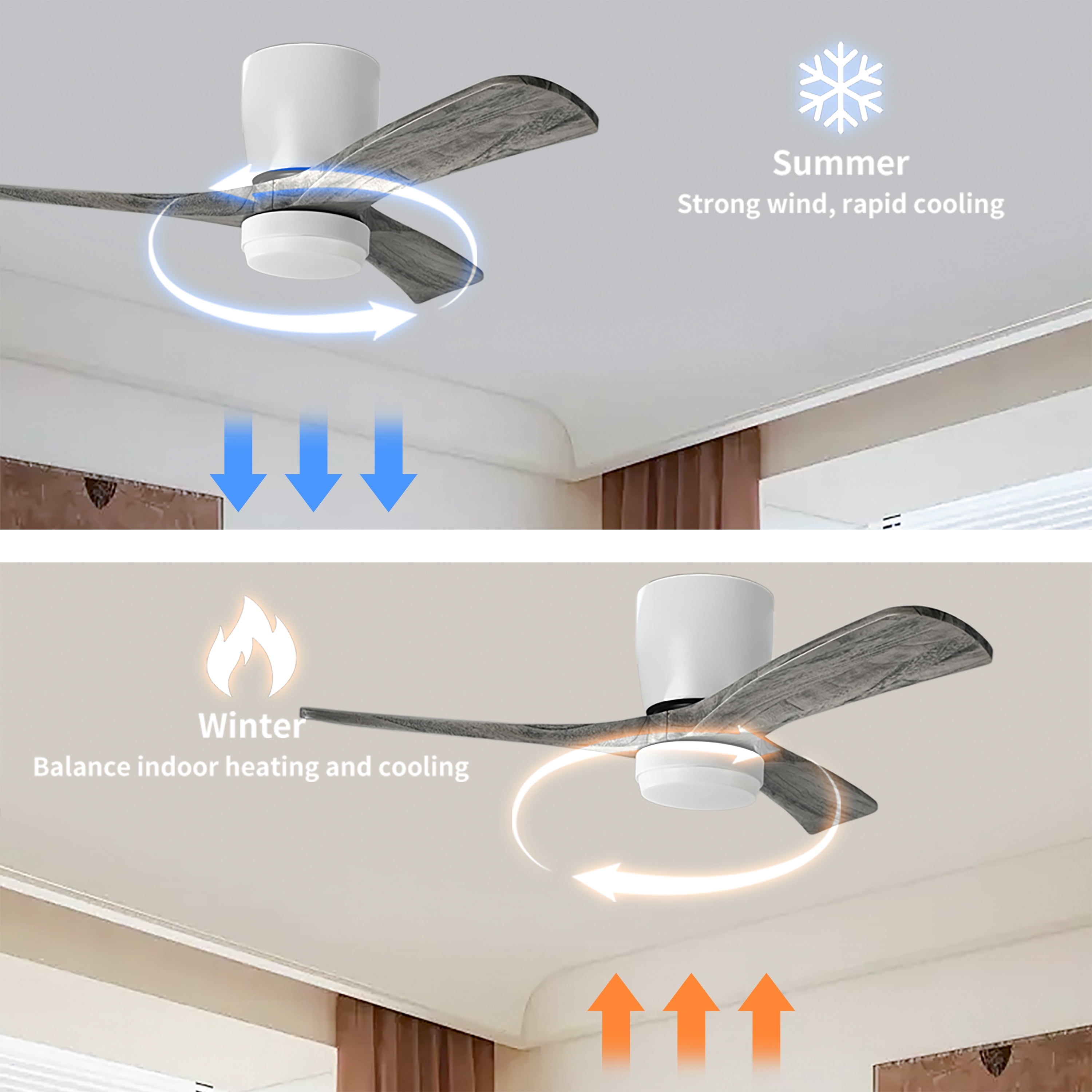 42" Solid Wood Ceiling Fan with Light-Flush Mount, DC Motor