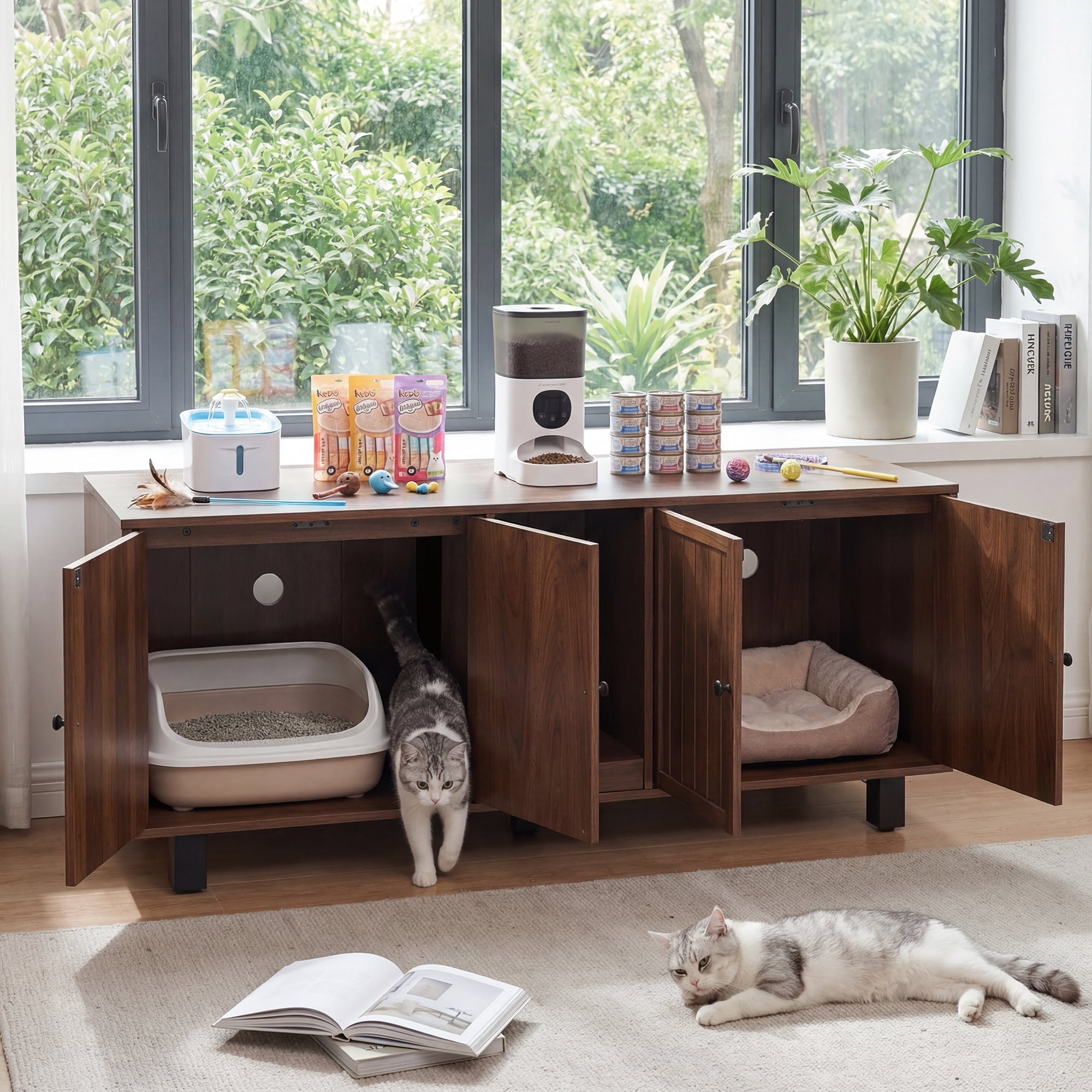 59" Double Cat Litter Box Enclosure Furniture, Hidden Litter Boxes Furniture with Cat Scratch Pad & Wide Access Doors, Versatile as TV Stand or Sideboard in Walnut