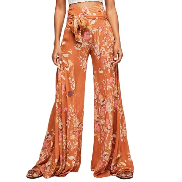 VISgogo - Pantalones palazzo con cinturón para mujer, pantalones de playa sueltos bohemios de cintura alta con estampado floral/a cuadros/cachemira VISgogo moda