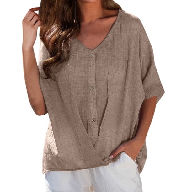 Blusa de manga corta con cuello en V de algodón y lino para mujer - Top informal holgado - Cierre con botones y mangas enrollables para primavera/otoño