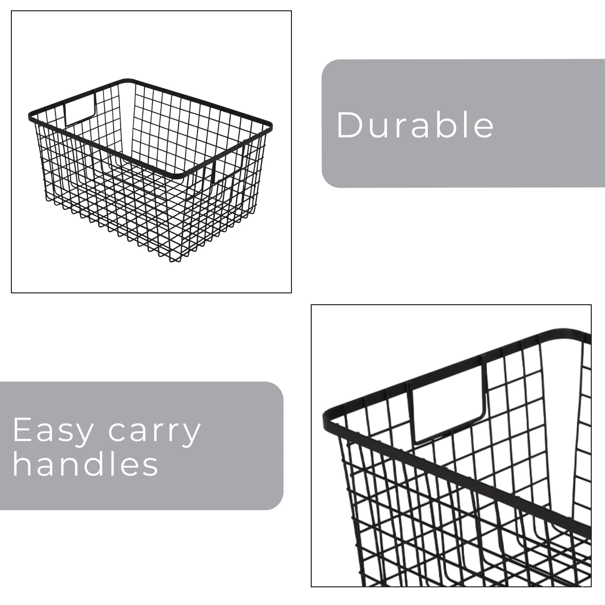 Smart Design Nestable Basket Organizer with Handles - 9 x 12 x 6 - Black - Set of 4