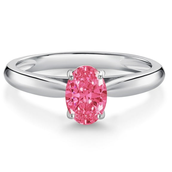 Gem Stone King 10K White Gold Fancy Pink Zirconia Solitaire Engagement Ring for Women (0.76 Cttw, Oval 7X5MM, Gemstone Birthstone, Size 6)
