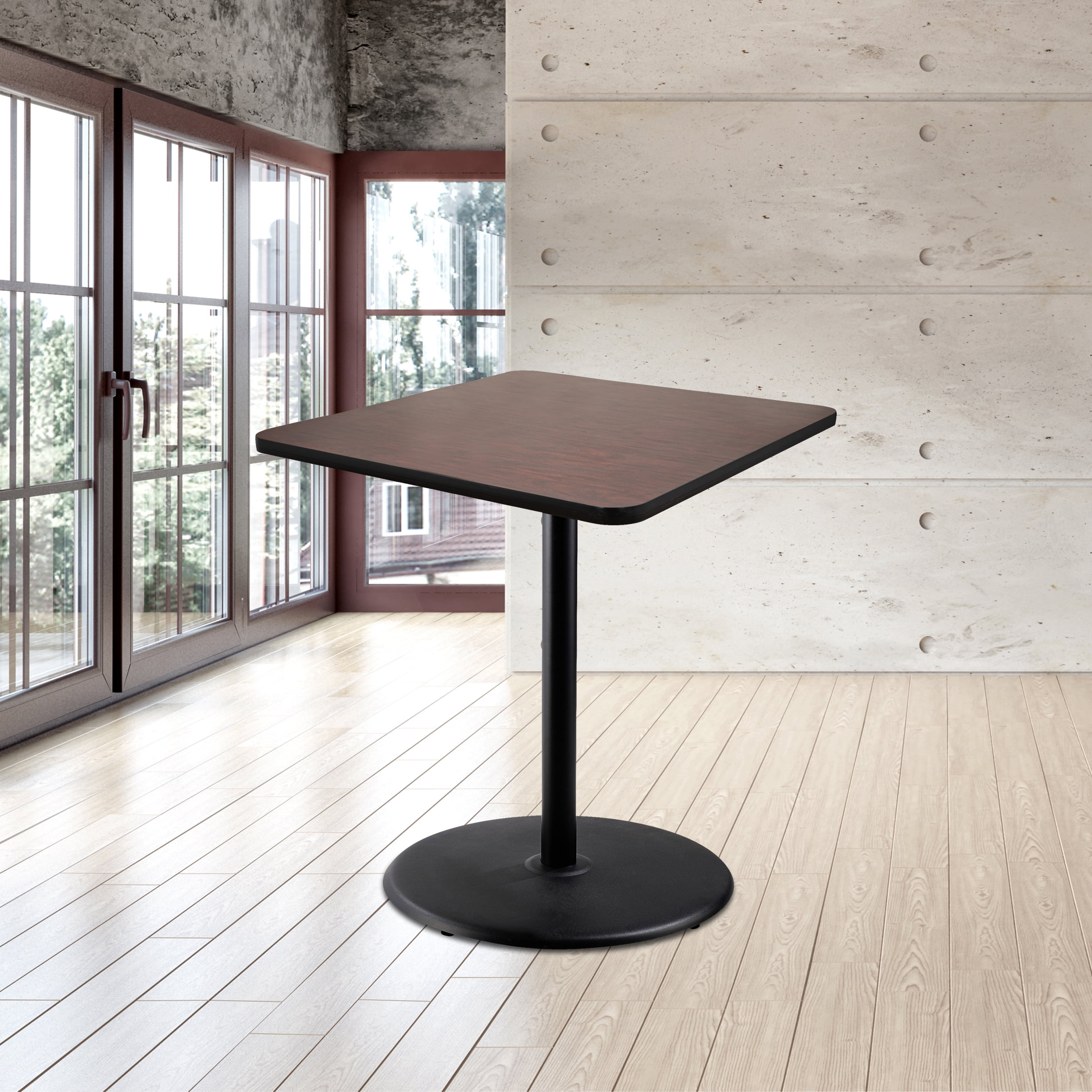Hampden Furnishings Bennet Collection Steel Frame 36" Square Top, Round Base, 42" Height, Cafe Table, Black Frame/Mahogany Top