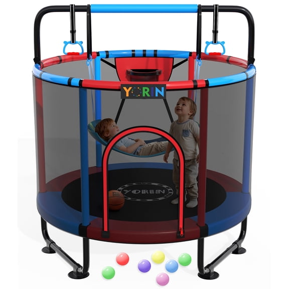 YORIN Trampoline for Kids, 60" 55" 66" Toddler Mini Trampoline with Enclosure Net, Basketball Hoop, 5FT Indoor/Outdoor Kids Trampoline with Swing, Adjustable Gymnastics Bars, Gifts for Kids, 600LBS