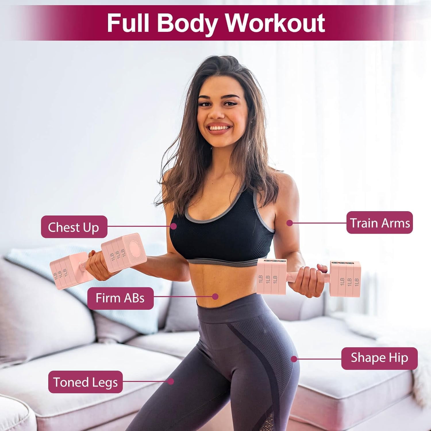 Feisi Sport Adjustable Dumbbells Set, 3-11 lbs, Home Gym, Full Body Workout, Pink, 2 Count