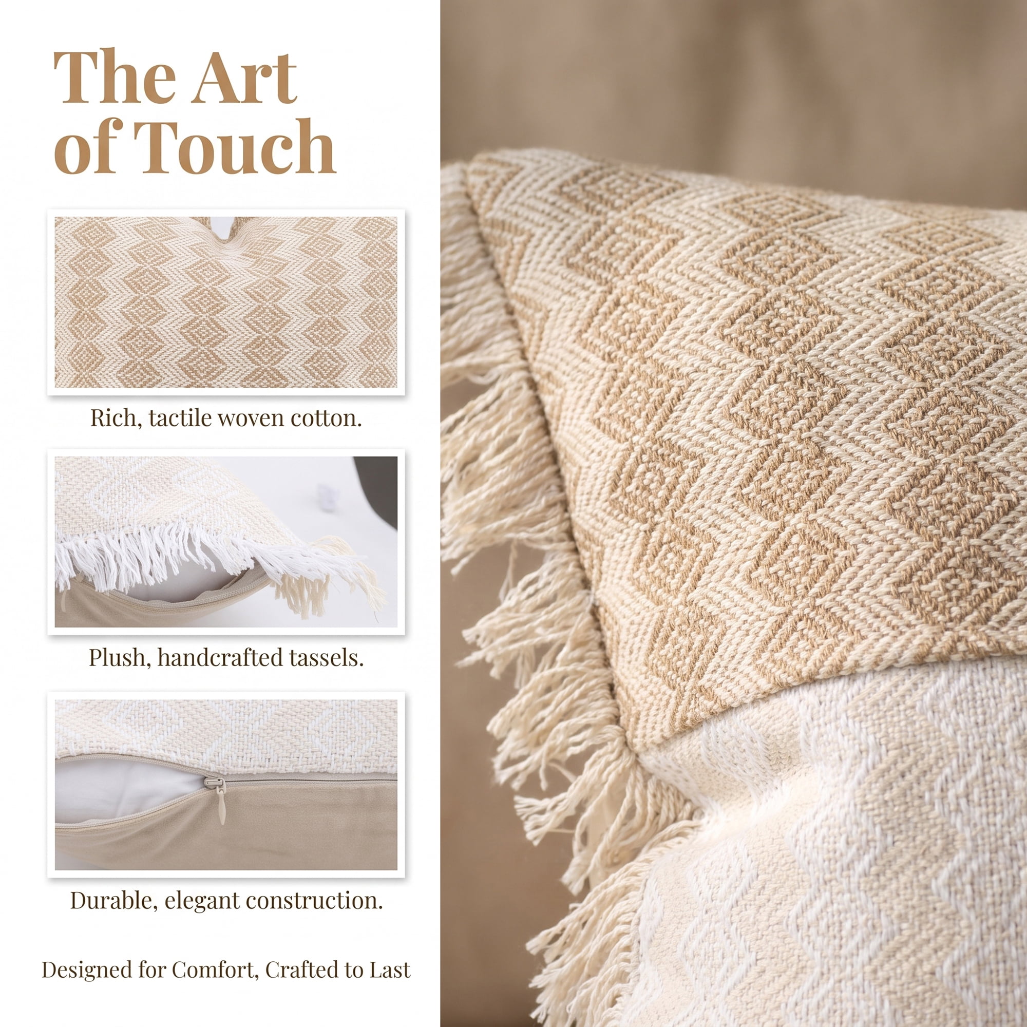 Unique Bargains Linen Colorblock Tassel Throw Pillow Covers Cushion Cases Beige 18"x18"