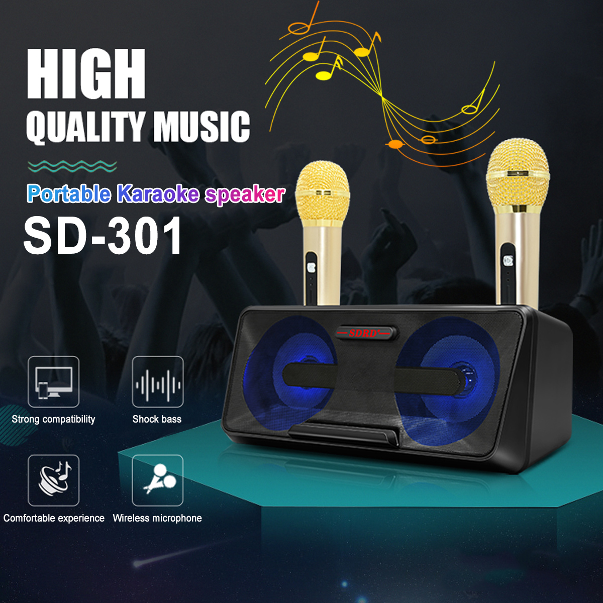 SDRD SD-301 2 in 1 Portable Karaoke System Family KTV with Dual Wireless Live Microphone + Bluetooth Speaker (Black)