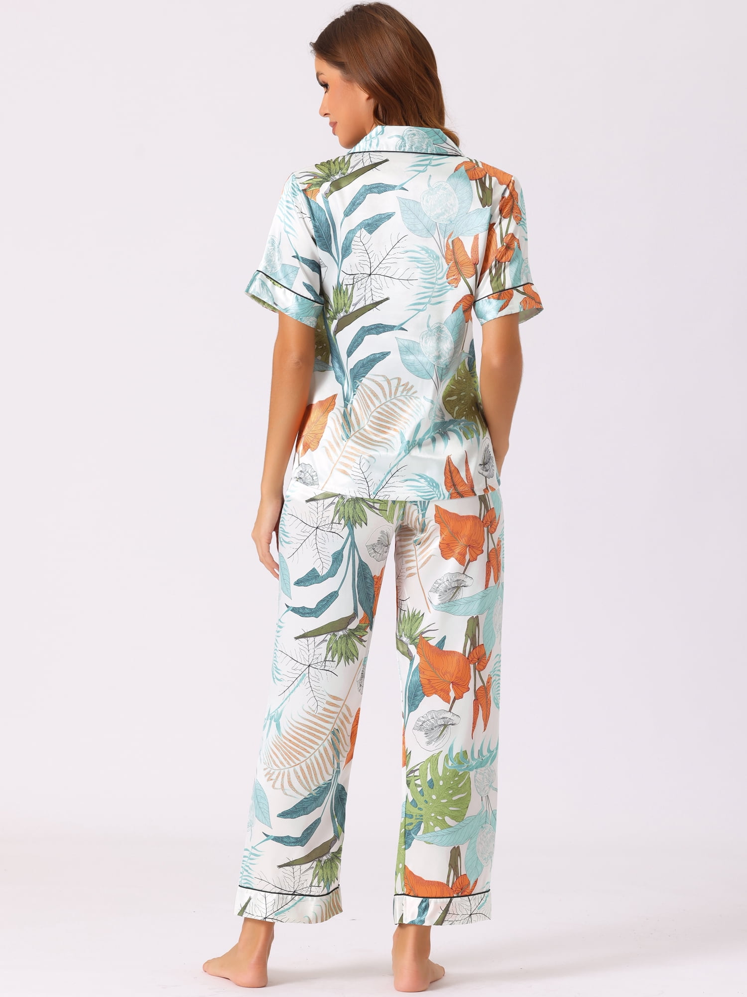 Unique Bargains Womens Satin Sleepwear Short Sleeve Loose Pants Lounge Pajama Sets S Green