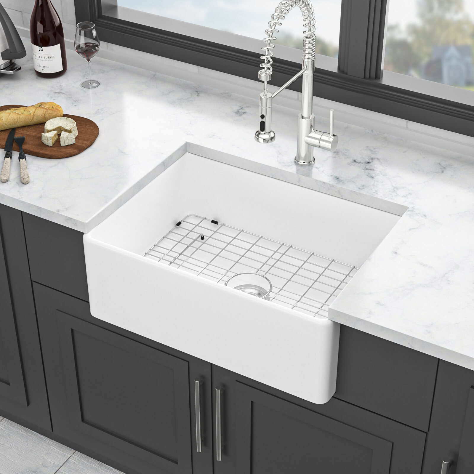 Kitchen Sink 28 White Farmhouse Sink - 28 Inch Kitchen Sink Ceramic Single Bowl with Drain Assembly and Bottom grid,Stainless Steel Kitchen Sink