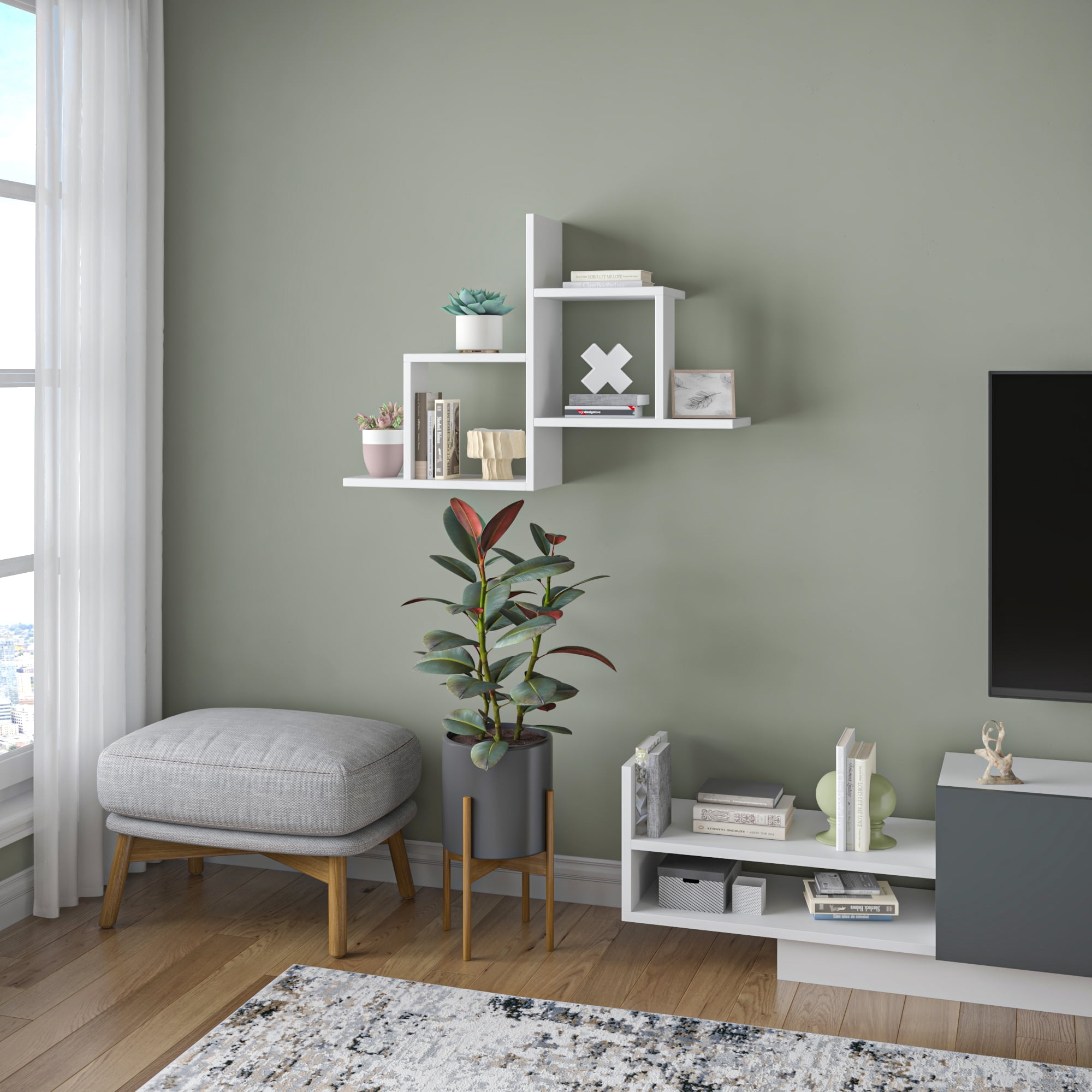 Ada Home Decor Furniture 33.86" 2 Tier White Webb Modern Wall Shelf