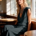 thumbnail image 4 of Womens Cotton Linen 2 Piece Outfits Summer Casual V Neck Sleeveless Tops Wide Leg Long Pants Casual Set with Pockets, 4 of 7