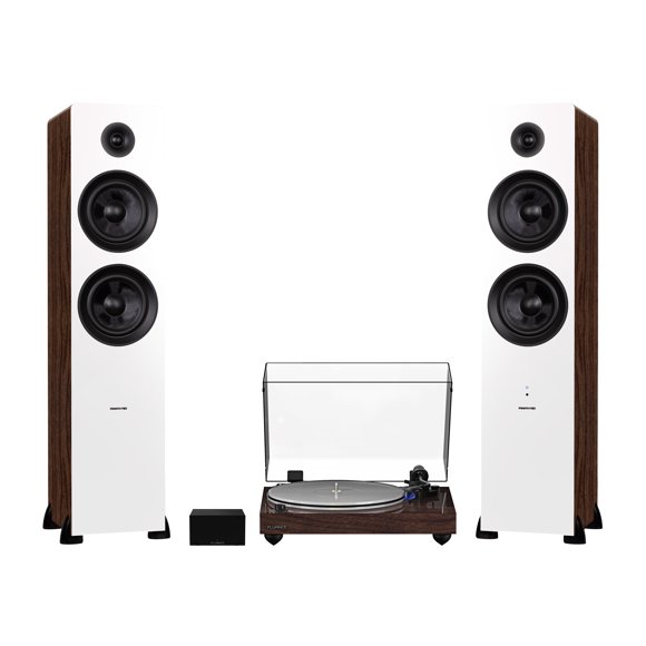 Fluance RT85 Reference High Fidelity Vinyl Turntable (Walnut), PA10 Phono Preamp and Ai81 Powered Floorstanding Speakers (White Walnut), Ortofon 2M Blue Cartridge, 150W Class D Amplifier, Bluetooth