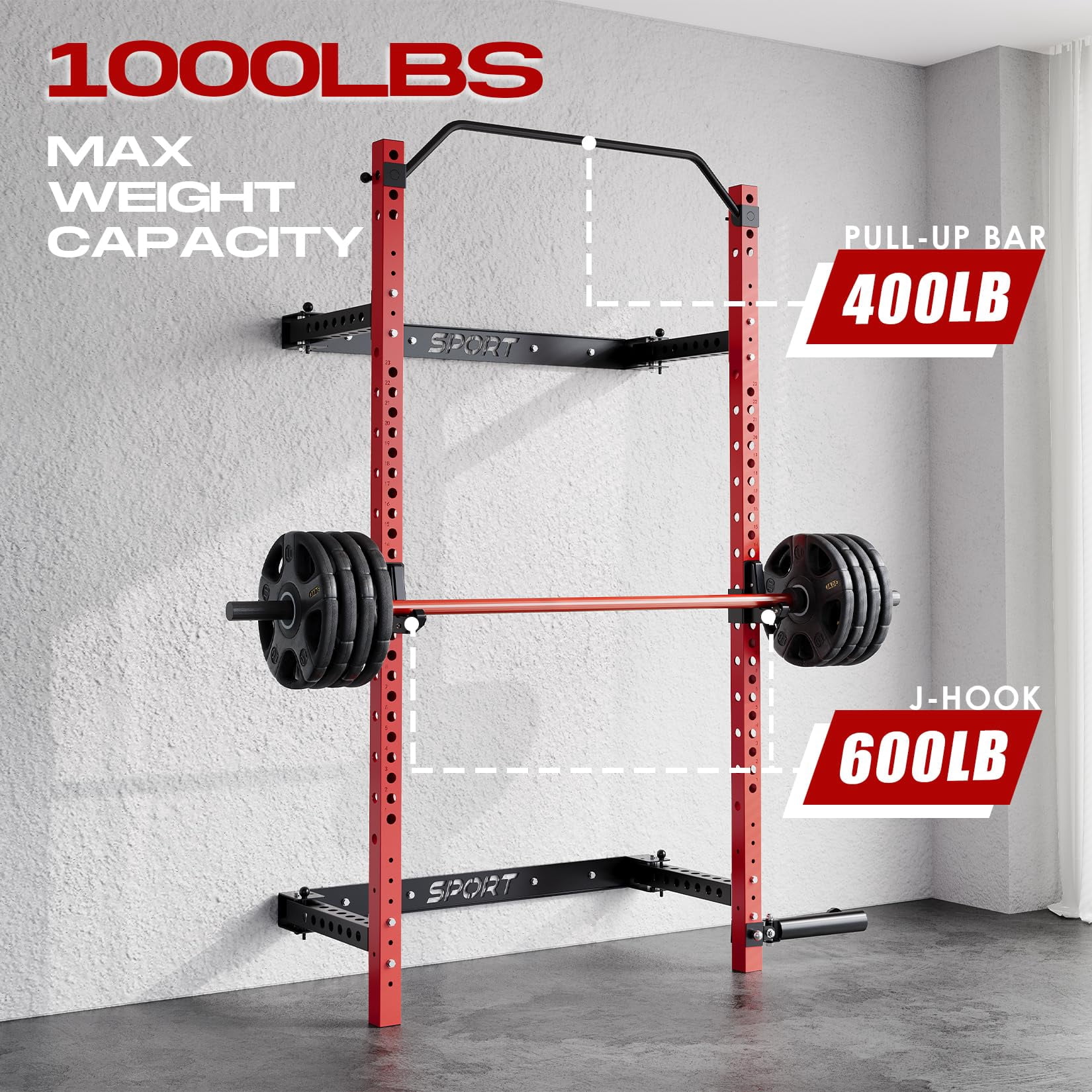 QinaQin Foldable Wall Mounted Squat Rack, 1000 Lb Capacity Home Gym Rack with Pull Up Bar, J Hooks and Landmine