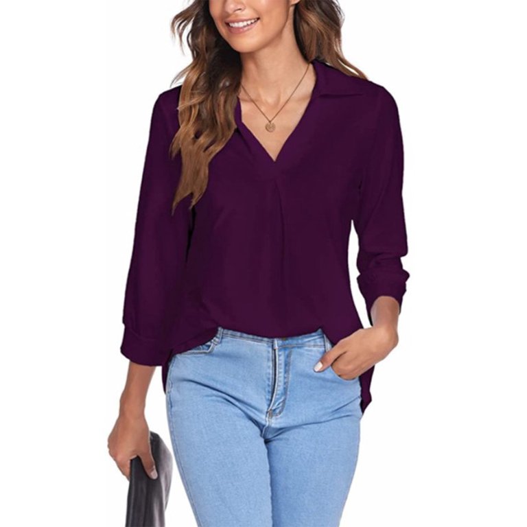 Women Purple Solid V Neck 3/4 Sleeve Top