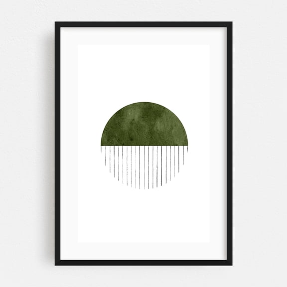 Olive green circle - Mixed Media Geometric Minimalist Abstract Modern Art Watercolor Pattern Line Art Black Framed Wall Art Print 16 x 24 inches