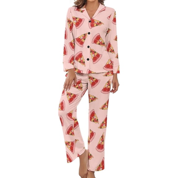 SKQIT Women's Pajama Sets Pizza Slice Pattern Long Sleeve Lounge Sets Pjs Sleepwear with Pockets