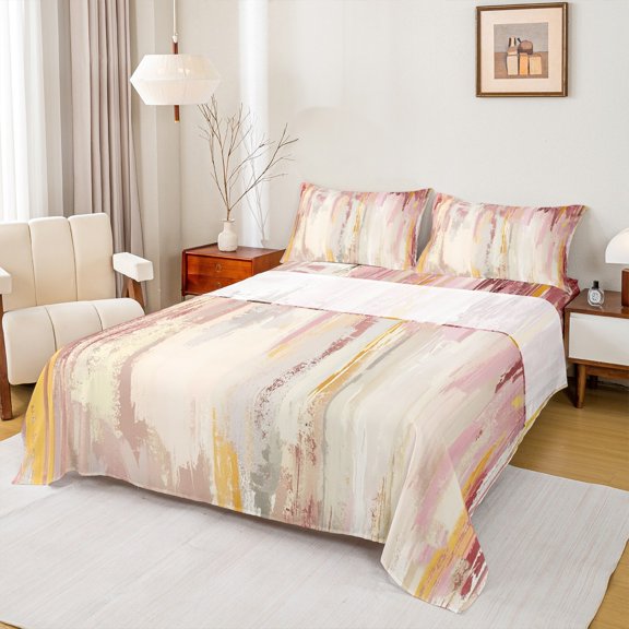 Manfei Pink Beige Ombre Twin Sheet Sets 3 Pieces for Girls, Watercolor Oil Painting Twin Fitted Sheet, Abstract Gradient Art Flat Sheet, Ultra Soft Bedroom Decor