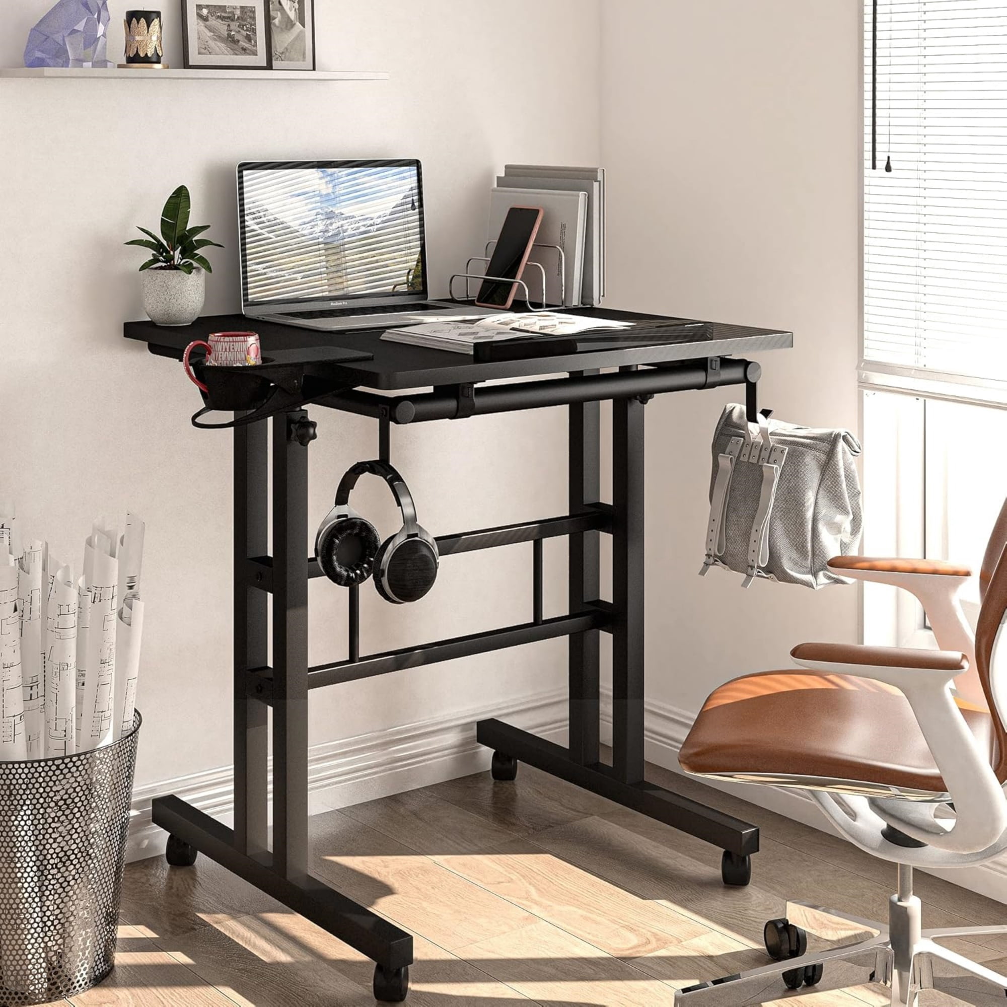 Standing Desk Height Adjustable with 2 Splice Board,Cup Holder,for Home Office, Black