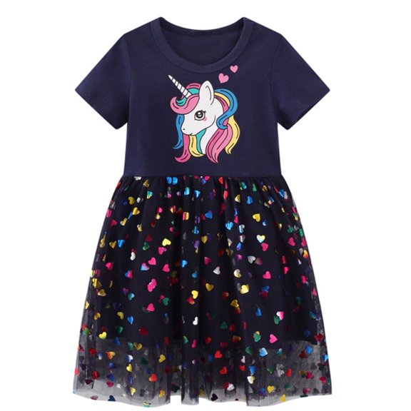 ENFLASH Girls Cotton Summer Dresses Short Sleeve Dress Unicorn Tulle Toddler Kids Party Sundress