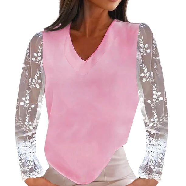 Mujeres Casual encaje manga larga Patchwork cuello en V pulóver Color sólido blusa camiseta Tops Pompotops gfhjh21771