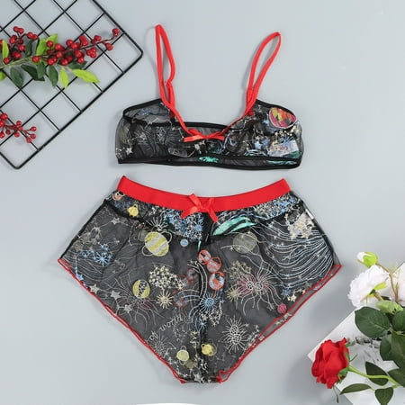

〖TOTO〗Intimates For Women See-Through Mesh Embroidery Bra Underwear Without Steel Ring Lingerie Two-Piece Suit