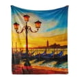 thumbnail image 1 of Venice Soft Flannel Fleece Throw Blanket, Antique Lantern and Gondolas Floating in the Grand Canal Sunrise, Cozy Plush for Indoor and Outdoor Use, 50" x 60", Orange Yellow Blue, by Ambesonne, 1 of 6