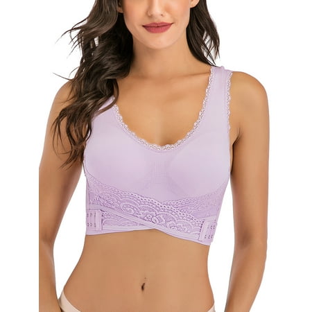 

SHCKE Women Seamless Lace Sport Bra Cross Front Side Buckle Yoga Fitness Workout Bra With Removable Pads