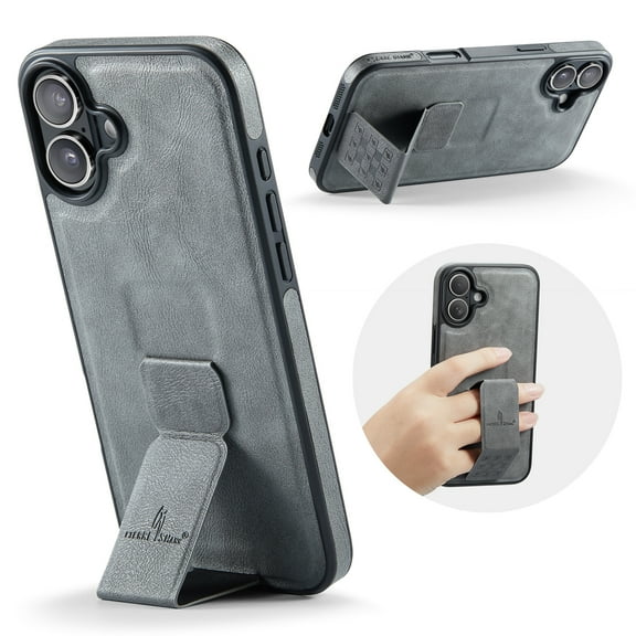 for iPhone 17 Phone Case, Vintage Magnetic Finger Hand Wrist Strap Kickstand Shockproof Protective PU Leather Thin Fit Anti-Scratch Cover Compatible with iPhone 17, Gray