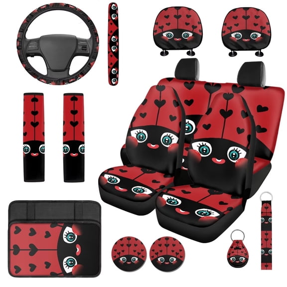Uorisanigo Cute Ladybug 14 Pcs Automobile Seat Cover Sets and Elastic Soft Car Headrest Cover Cars Steering Wheel Cover and Center Console Cover Seat Belt Pads Car Suitable for Cars SUVs