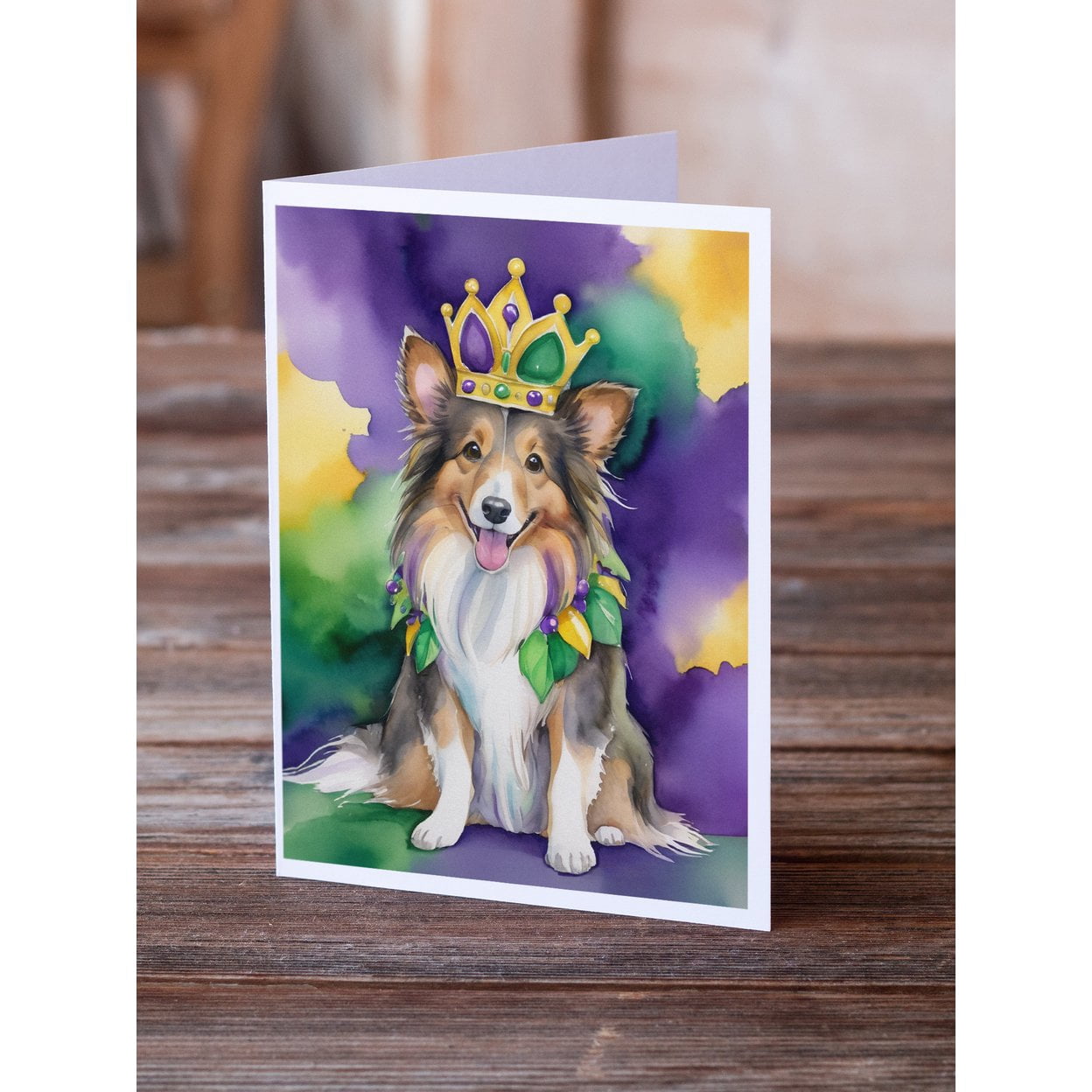 Sheltie King of Mardi Gras Greeting Cards Pack of 8 7 in x 5 in