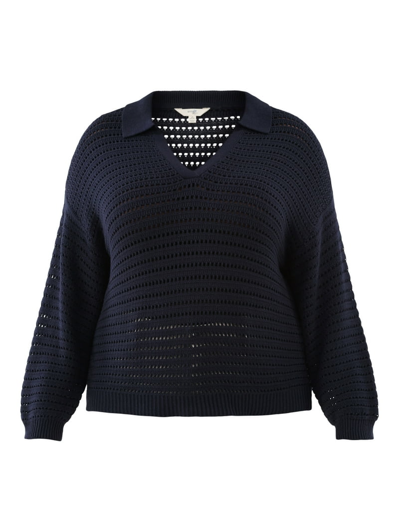 Terra Sky Women's Plus Size Open Stitch Sweater with Collar