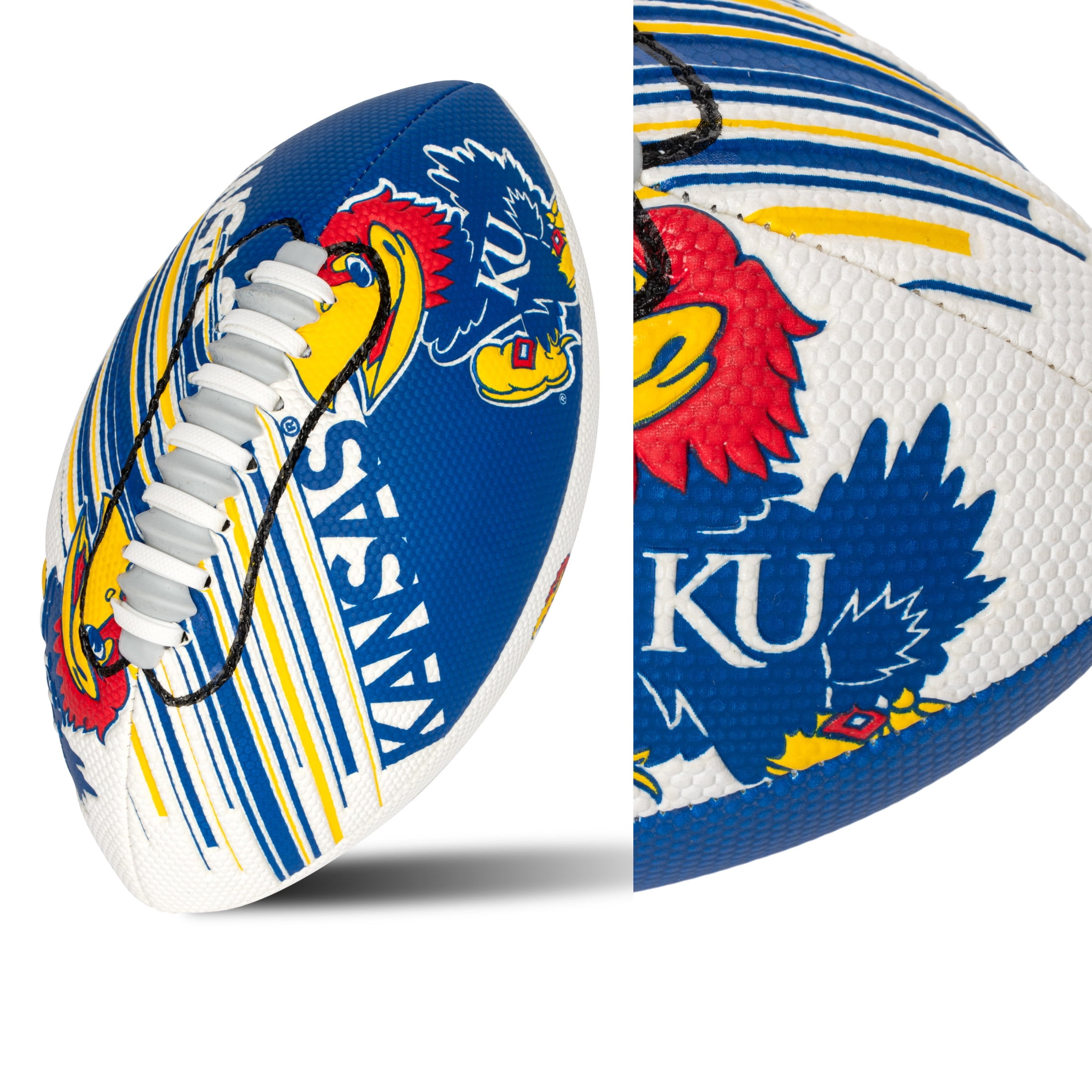 NCAA Kansas Jayhawks Foam Football - Youth Mini Football for Kids - 8.5" Junior Soft Foam Football - SPACELACE Easy Grip Cover - Perfect Toy Football for Kids